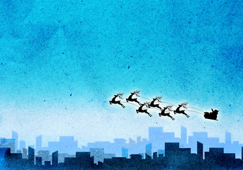 Santa Claus and reindeers over town.