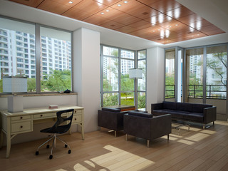 Fototapeta premium Wnętrze z sofą i oknem z widokiem na ogród