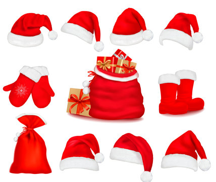 Big set of red santa hats and clothing. Vector