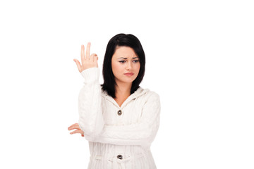 Young woman in white knitted dressing gown