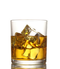 glass of whiskey and ice isolated on white