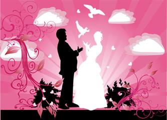 wedding couple silhouette and doves on pink