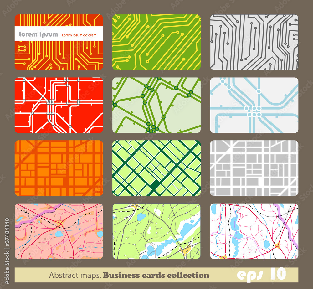 Poster set of different business cards. abstract maps