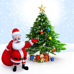 Fototapeta na wymiar Santa Claus having a gift bag pointing towards Christmas tree.
