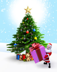 Fototapeta na wymiar Santa with big gift box standing near Christmas tree.