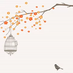 Papier Peint photo Lavable Oiseaux en cages Conception de la nature avec arbre, cage à oiseaux et oiseau.