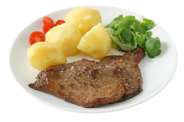 fried beef with boiled potato and salad