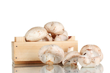 fresh mushrooms in a wooden box isolated on white