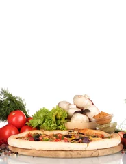 Fotobehang delicious pizza, vegetables, spices and oil isolated on white © Africa Studio