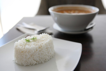 Thai traditional spicy prawn soup , Tom yum kung with rice