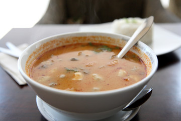 Thai traditional spicy prawn soup , Tom yum kung with rice