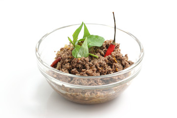 Thai food minced meat with vegetable and chilli isolated in whit