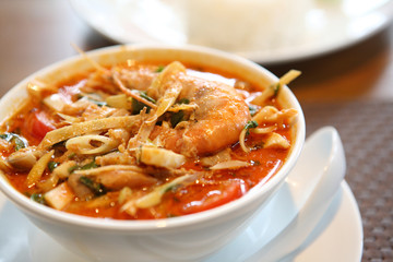 Tom Yum soup , a Thai traditional spicy prawn soup