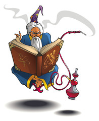 Arabian wizard levitating with magic book and hookah
