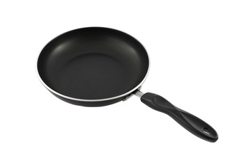 Black pan see from handle on white background.