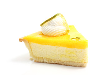 slice of lemon cheese cake isolated in white background