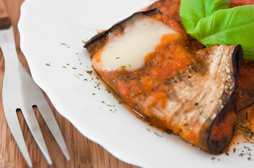 Eggplant rolls with tomato sauce.