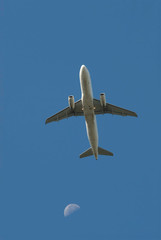 the plane takes off on background blue sky and moon