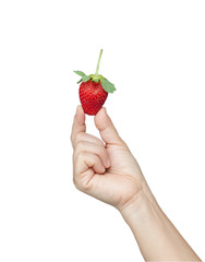 fresh strawberry in hand isolated on white background