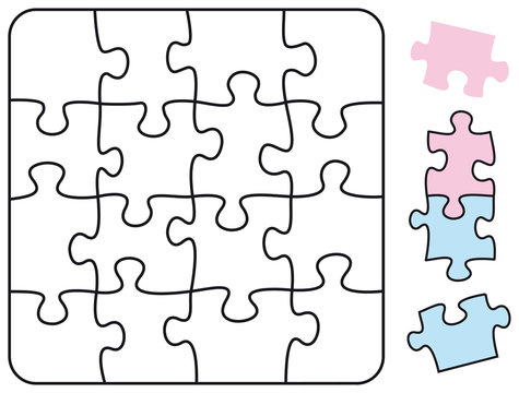 Square Jigsaw Puzzle Square with single pieces which can be individually removed and arranged. Illustration on white background. Vector.