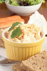 Coleslaw with wholemeal bread and salad