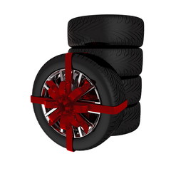 Tire with ribbon - 3d render. Isolated on white background