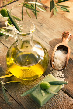 Natural spa setting with olive products