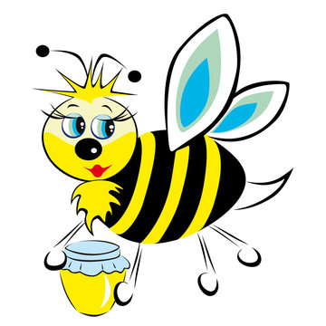 Пчела несет в лапах баночку с медом