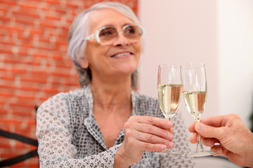 Elderly couple toasting in restaurant