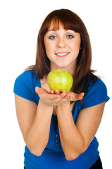 Fototapeta premium Beautiful smiling girl with apple on white background