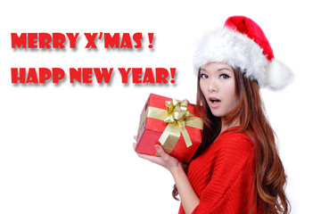 Christmas cute Asian beauty Girl Holding Gift Box