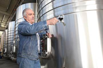 Wine producer stood by tanks