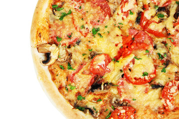 delicious pizza with sausage and vegetables isolated on white