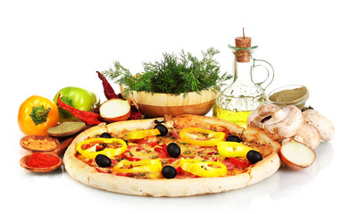 delicious pizza, vegetables, spices and oil isolated on white