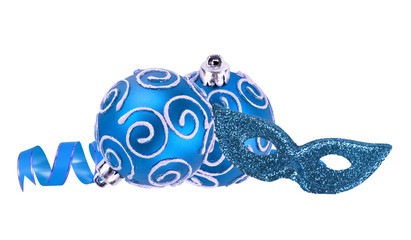 beautiful blue Christmas balls and carnival mask isolated on whi