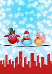 Stickers pour porte Oiseaux, abeilles Trois oiseaux sur un fil avec scène de Noël City Skyline
