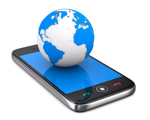 phone and globe on white background. Isolated 3D image