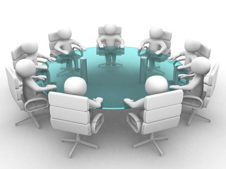 3D men sitting at a round table and having business meeting.