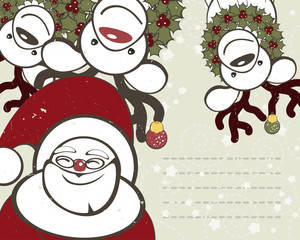 Christmas background with funny deers Santa Claus.