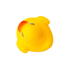 Cute yellow rubber duck isolated, top view.