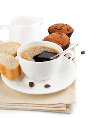 coffee with milk and cake isolated on white background