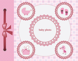 Naklejka premium Baby girl greeting card. Frame for your text or picture
