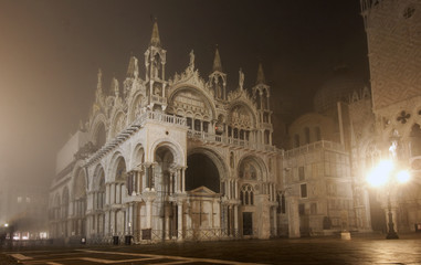 Piazza San Marco on foggy night, Venice, Italy
