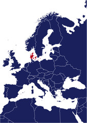 Blue map of europe with red highlited Denmark