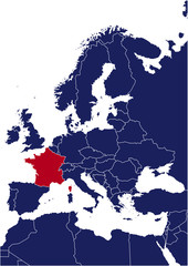 Blue map of europe with red highlited France