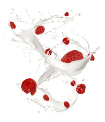 Raspberries in cream splash, isolated on white background