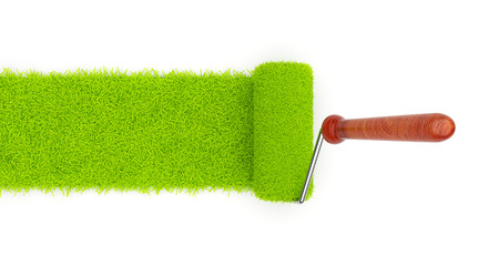 Green paint of grass. Roller isolated on white background. 3D il