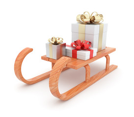 Gift on wooden sled.  Christmas concept. 3D illustration isolate