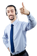 Call center operator with headset