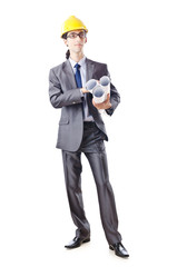 Young architect with drawings isolated on white